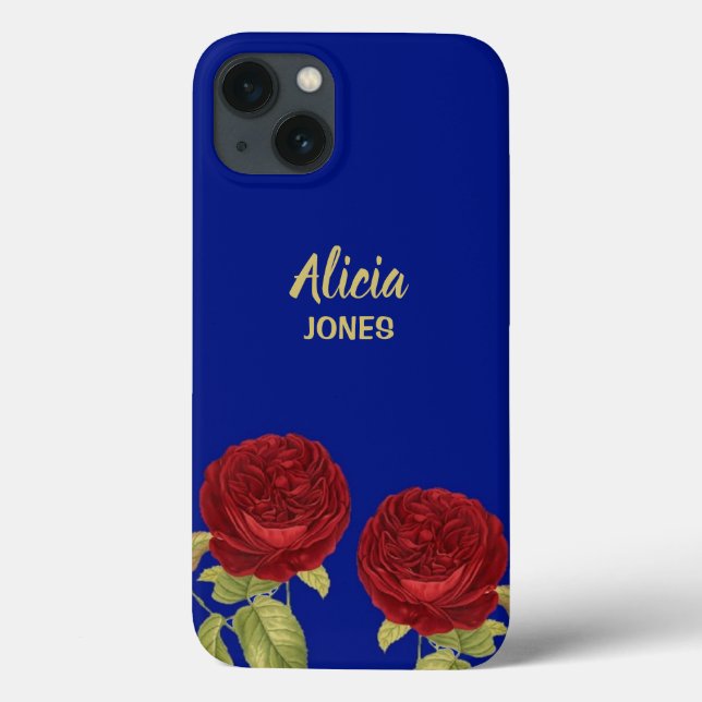 Rote Blume und Blätter blau Case-Mate iPhone Hülle (Rückseite)