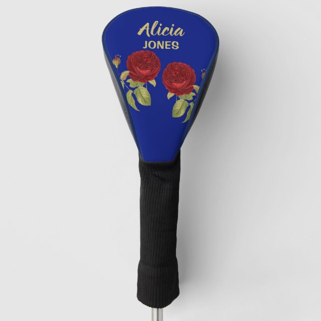 Rote Blume und Blätter blau Golf Headcover (Vorderseite)