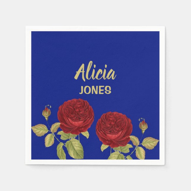 Rote Blume und Blätter blau Serviette (Vorderseite)