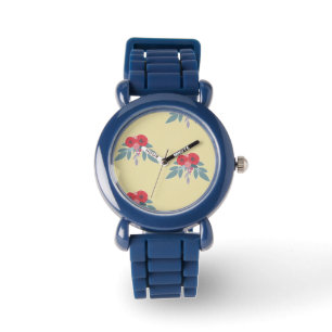Rote Blume und grüne Blätter auf braun Armbanduhr