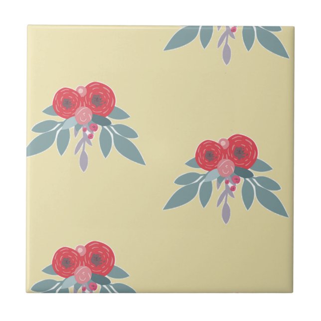 Rote Blume und grüne Blätter auf braun Fliese (Vorderseite)