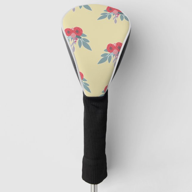 Rote Blume und grüne Blätter auf braun Golf Headcover (Vorderseite)