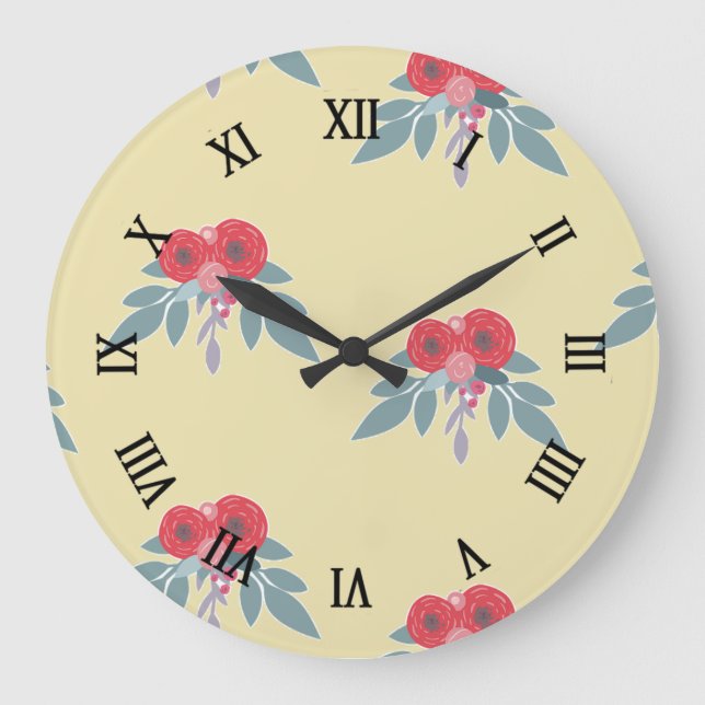 Rote Blume und grüne Blätter auf braun Große Wanduhr (Vorderseite)