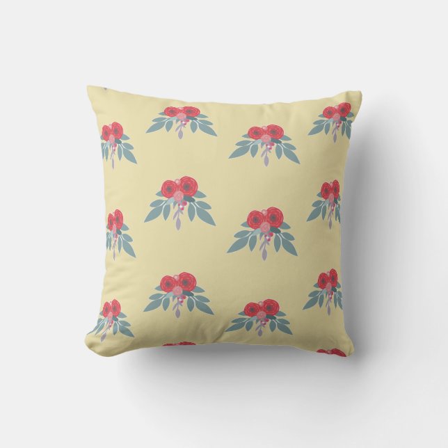 Rote Blume und grüne Blätter auf braun Kissen (Vorderseite)