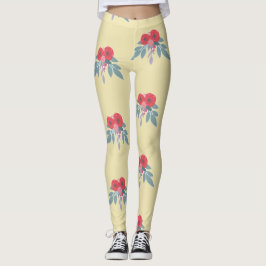 Rote Blume und grüne Blätter auf braun Leggings