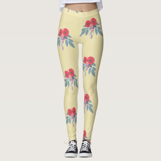 Rote Blume und grüne Blätter auf braun Leggings (Vorderseite)