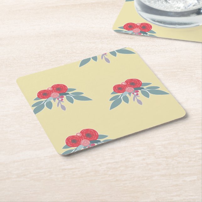 Rote Blume und grüne Blätter auf braun Rechteckiger Pappuntersetzer (angewinkelt)