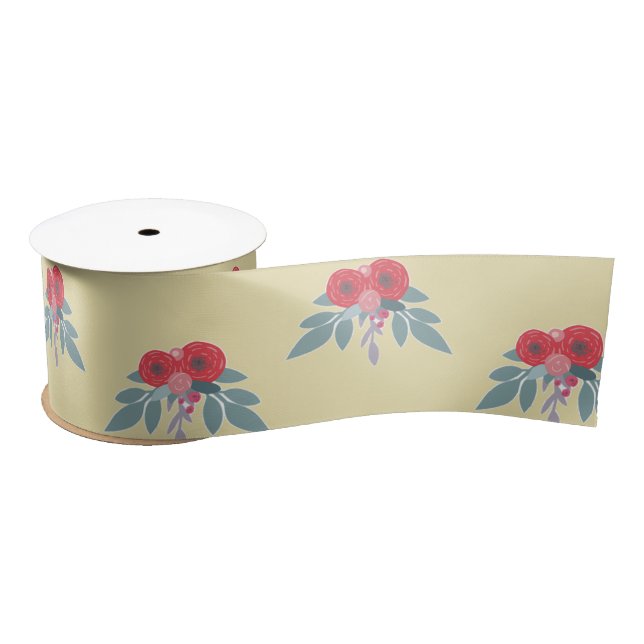 Rote Blume und grüne Blätter auf braun Satinband (Spule)