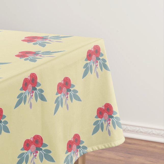 Rote Blume und grüne Blätter auf braun Tischdecke (Beispiel)