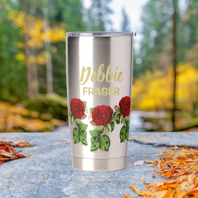 Rote Blume und grüne Blätter individuelle Name Thermobecher (Außenbereich)