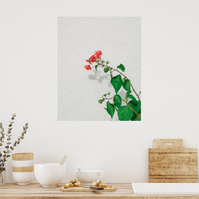 Rote Blume und grüne Blätter Minimalistisch botani Poster (Küche)