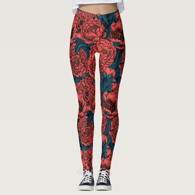 Rote Blume und Motten Leggings (Vorderseite)