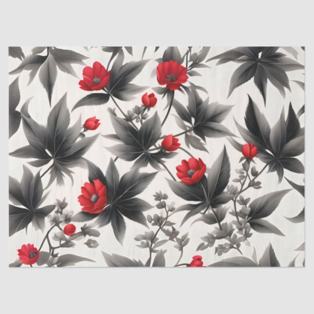 Rote Blume und schwarze Blätter auf der White-Deco Seidenpapier (Vorderseite)