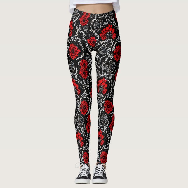 Rote Blume und schwarze Spitzen Nahtloses Muster Leggings (Vorderseite)