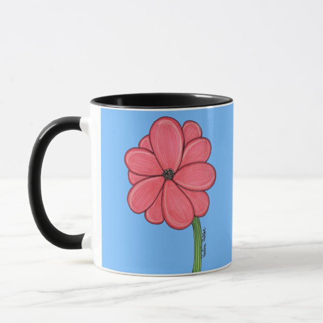 Rote Blume voll mit blauem Hintergrund Tasse (Links)