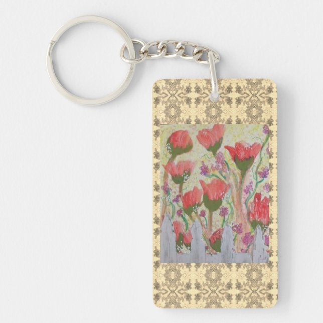Rote Blume Weißzaun 2 Schlüsselanhänger (Vorderseite)