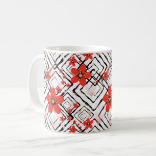 Rote Blumen auf weißem, schwarzem Hintergrund. Kaffeetasse