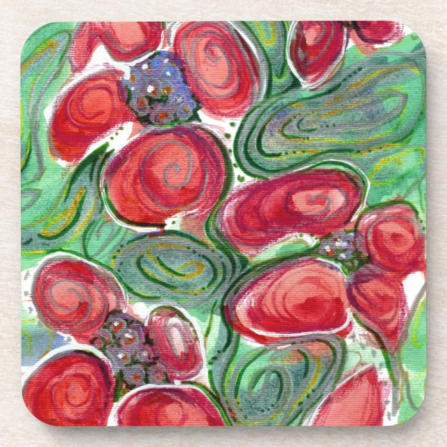 Rote Blumen Fantasie Untersetzer (Vorderseite)