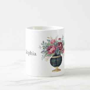 Rote Blumen Grüne Karo-Vase Kaffeetasse