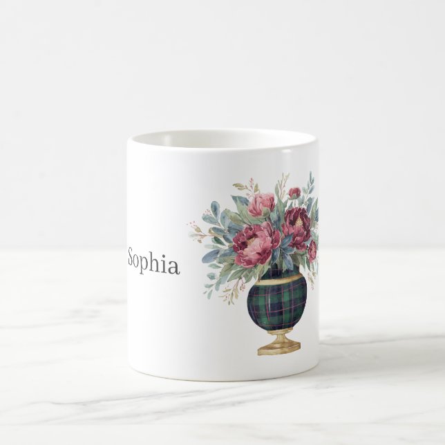 Rote Blumen Grüne Karo-Vase Kaffeetasse (Mittel)