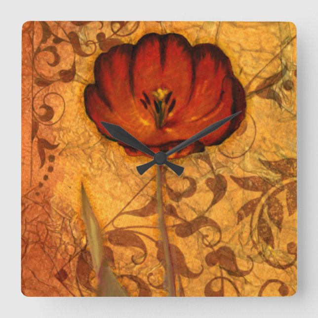 Rote Blumen I Quadratische Wanduhr (Vorderseite)