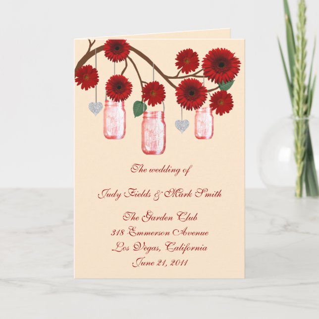 Rote Blumen Mason Jars Programmkarte Programm (Vorderseite)