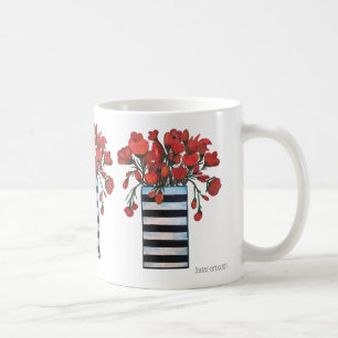 Rote Blumen mit gestreifter Vasen-feiner Kunst Tasse