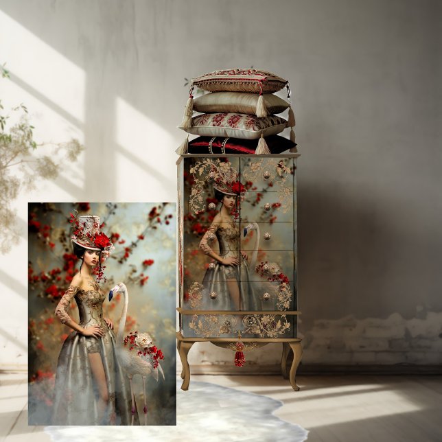 Rote Blumen, Portrait Art & Flamingo Seidenpapier (Fashionista & Flamingo, Vibrant Portrait Art. Light Silver Blue & Red Blossom, Digital Mixed Media.)