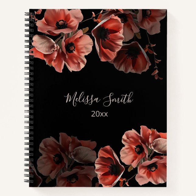Rote Blumen Schwarz  | Ihr Name Notizbuch (Vorderseite)