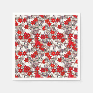 Rote Blumen und Blätter des silbernen Graus Serviette