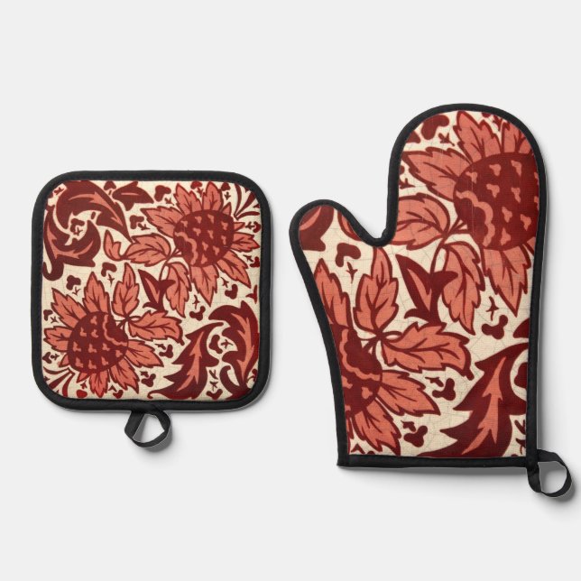 Rote Blumen und Früchte Antik-Muster Ofenhandschuh & Topflappen-Set (Vorderseite)