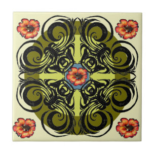 Rote Blumen und schwarze Retro-Fliesen Fliese