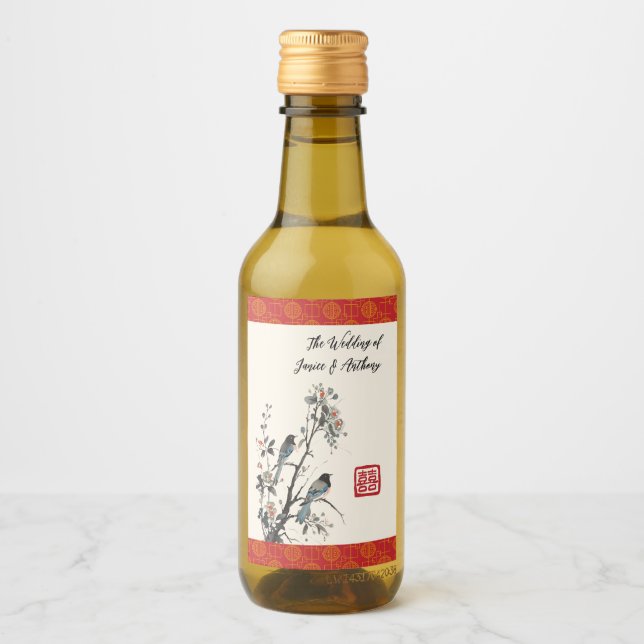 Rote Blumen Vögel moderne chinesische Hochzeit  Weinetikett (Vorderseite)