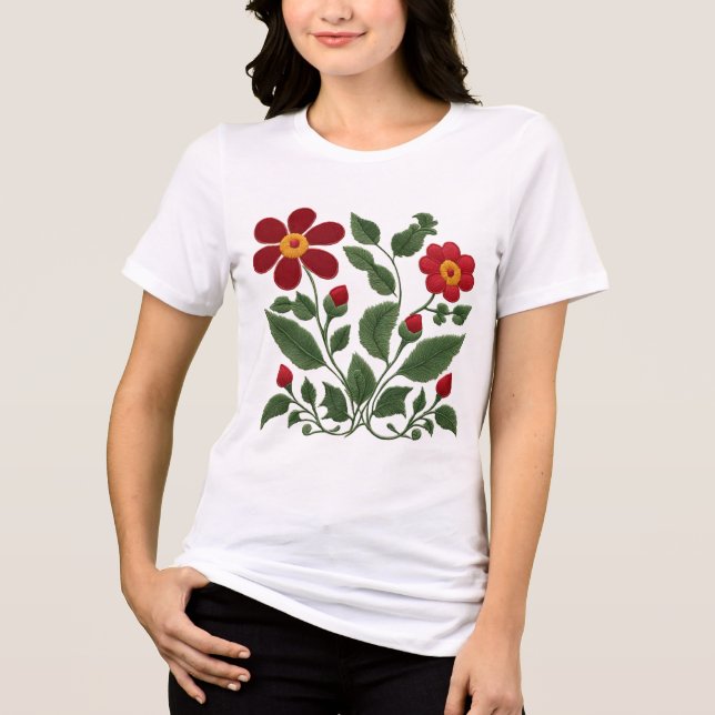Rote Blumen Volkskunst Tri-Blend Shirt (Vorderseite)
