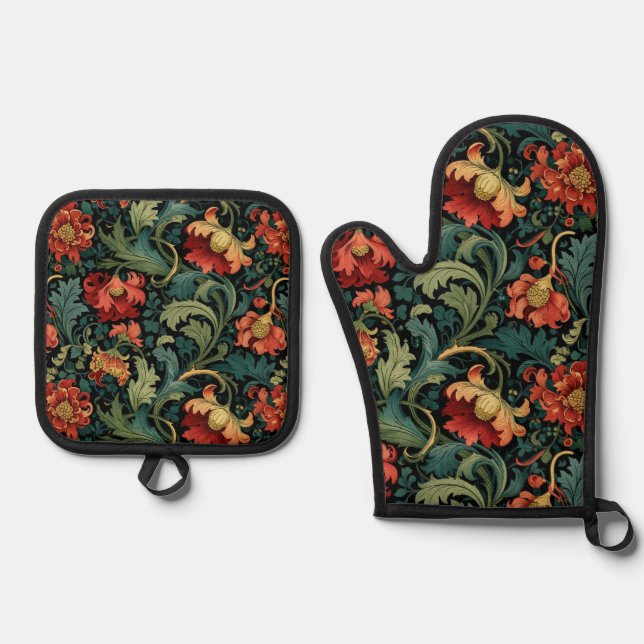 Rote Blumen William Morris  Ofenhandschuh & Topflappen-Set (Vorderseite)