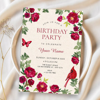 Rote Blumen Zweig Geburtstag Einladung