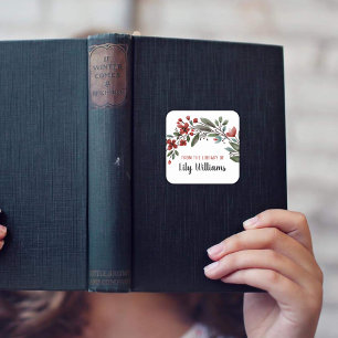 Rote Blumenbibliothek Ex Libris Buchzeichen Quadratischer Aufkleber