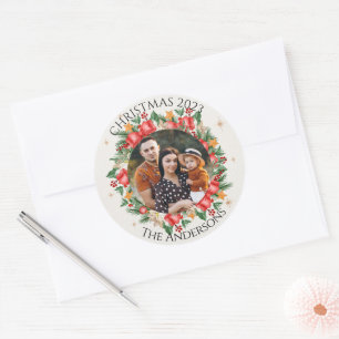 Rote Blumenfamilienfoto Frohe Weihnachten Runder Aufkleber