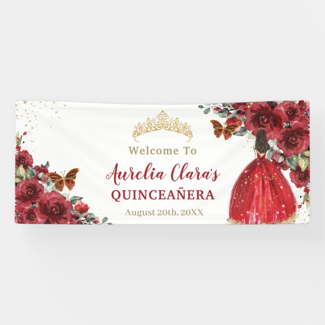 Rote Blumenprinzessin Quinceañera Begrüßungsgrunst Banner (Horizontal)
