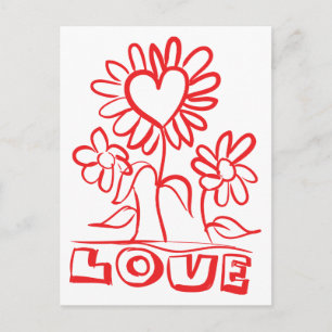Rote Blumige Liebesblumen & Herzen - Hochzeit Postkarte
