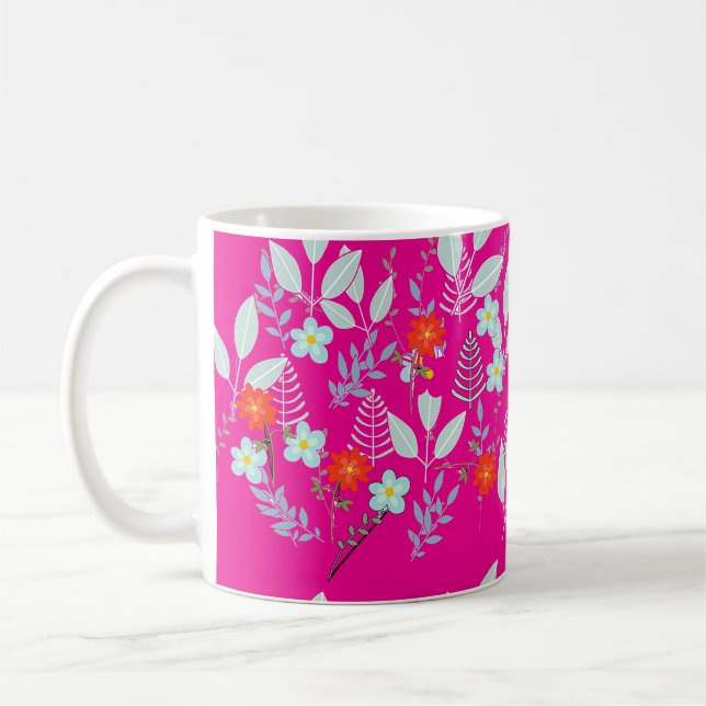 Rote Blüte + Blätter Hot Pink Kaffeetasse (Links)