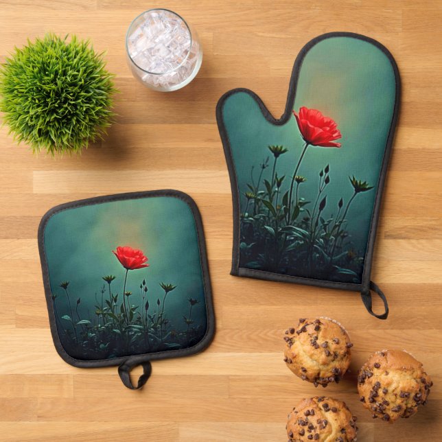 Rote Blüte im dunklen Nebel Design Ofenhandschuh & Topflappen-Set (Oben Unten)