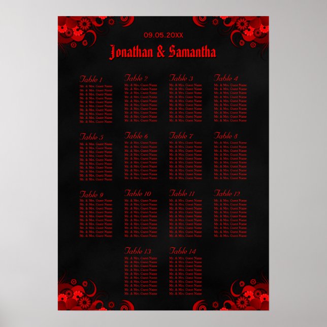 Rote Blüte und Schwarz 14 Hochzeitstische Sitzkart Poster (Vorne)