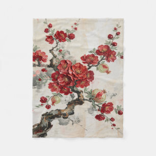 Rote Blüten Granatapfelzweig Ölmalerei Kunst Fleecedecke
