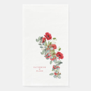 Rote Blüten und Eukalyptus-Namen für Hochzeiten Serviette