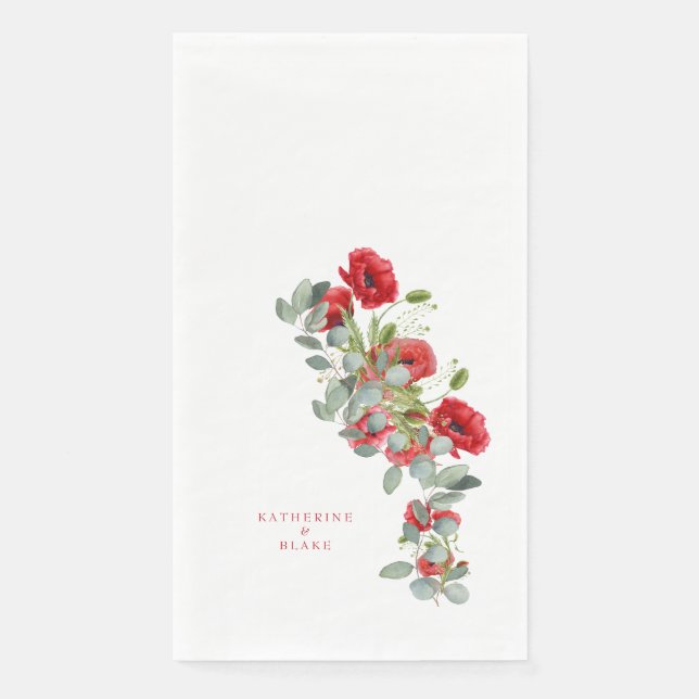 Rote Blüten und Eukalyptus-Namen für Hochzeiten Serviette (Vorderseite)