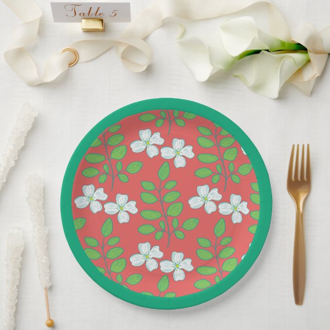 Rote Blüten Weiße Blüten & Grüne Blätter Pappteller (Hochzeit)