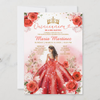 Rote BlütenPrinzessin Dress Gold Crown Quinceañera Einladung