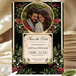 Rote Blütenschwarz und Gold Save the Date in Einladung