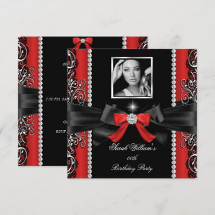 Rote Bogen-Geburtstagsfeier Schwarz Silber Foto Einladung
